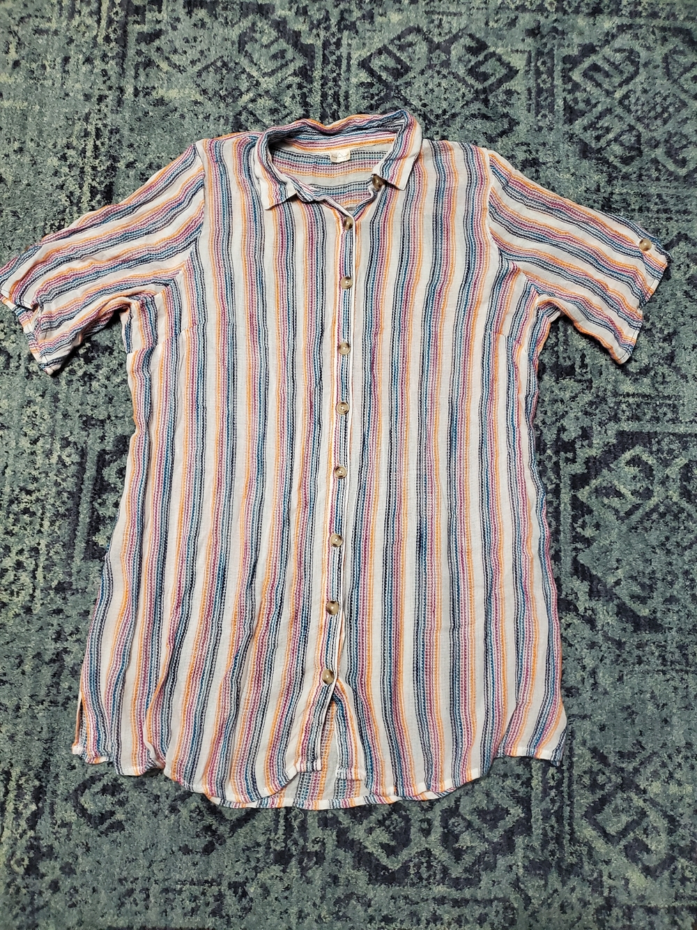 Keep In Touch Striped Button-Front Tunic Dress in Multicolor - Picture 3 of 9